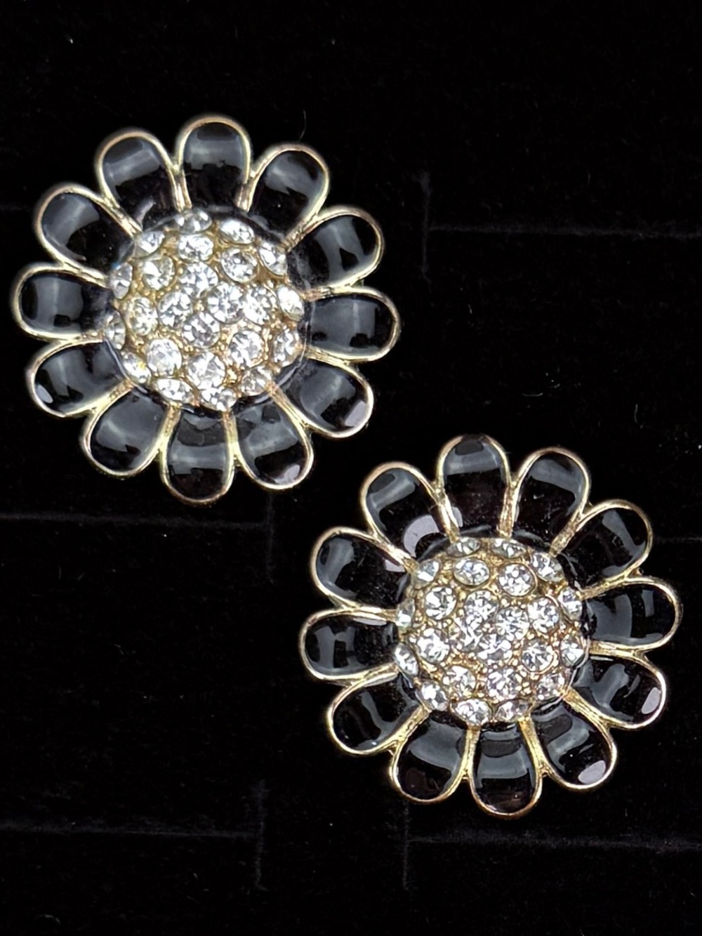 Vintage weighted Black and Goldtone Flower Bling Pierced Earrings